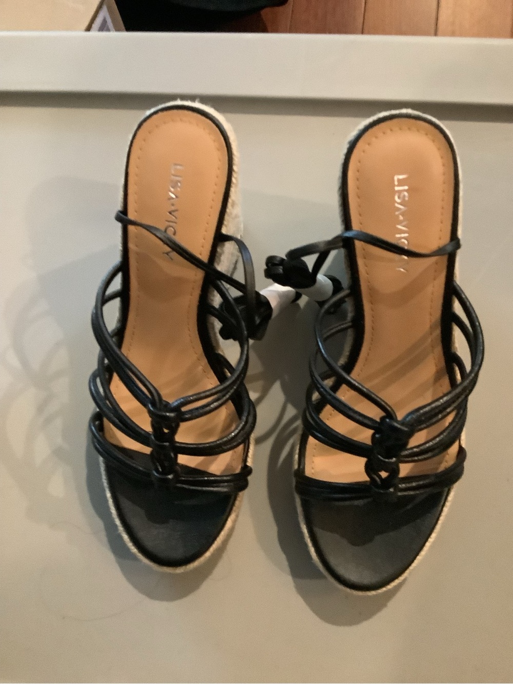 Lisa-Vicci Black Strappy Espadrille Wedge Sandals 7.5 Medium Brand New